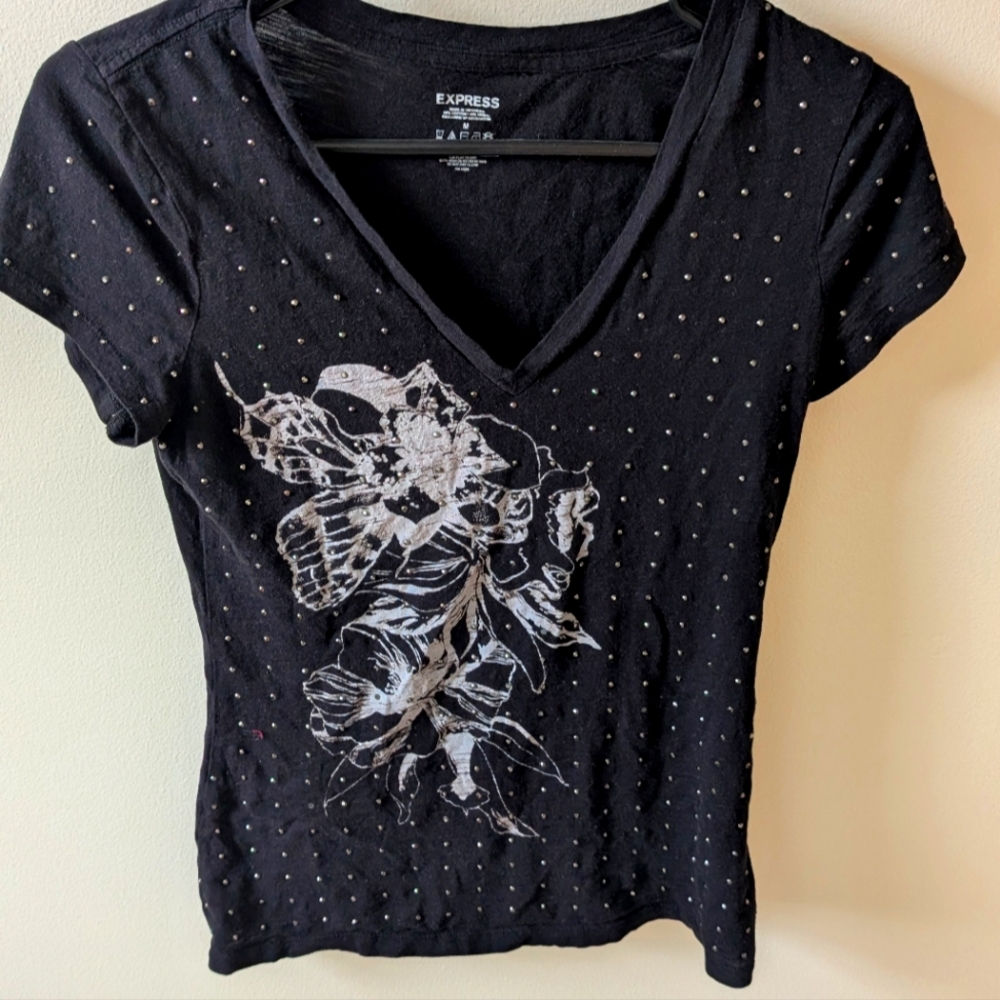 Express Y2K Women's black graphic T-shirt with silver studs size medium